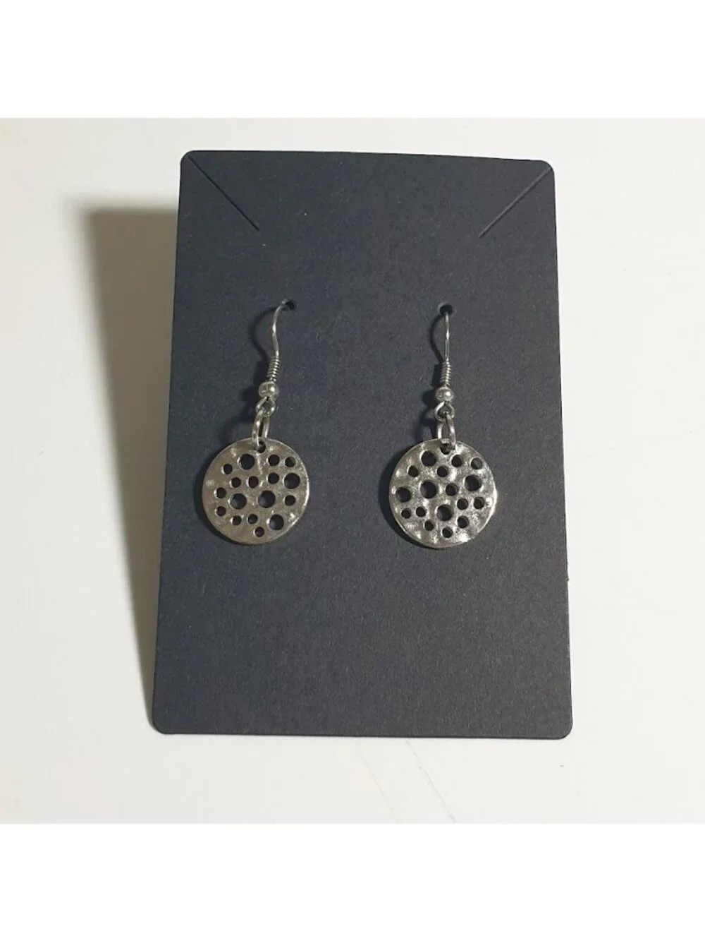 Silver Tone Round Dangle Earrings Circular Cutout Hook Back Modern Style Women
